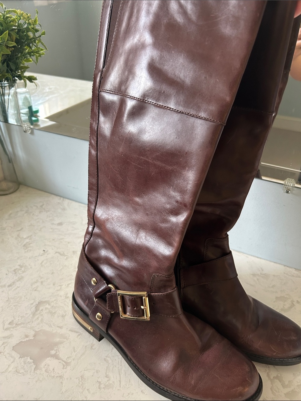 Vince Camuto Tall Brown Leather Riding Boots with Gold Buckle